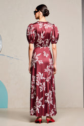 Rotes Etui V-Ausschnitt Bedrucktes Hochzeitsgastkleid mit Schlitz